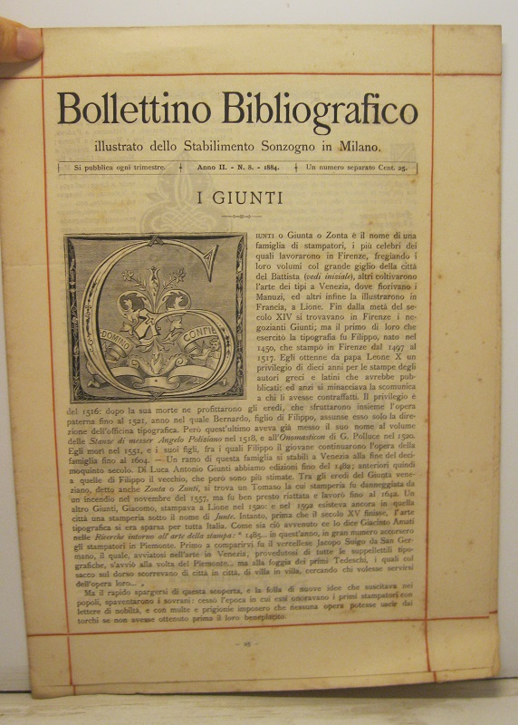Bollettino bibliografico illustrato dello Stabilimento Sonzogno in Milano. Anno II, n. 8, 1884. I Giunti